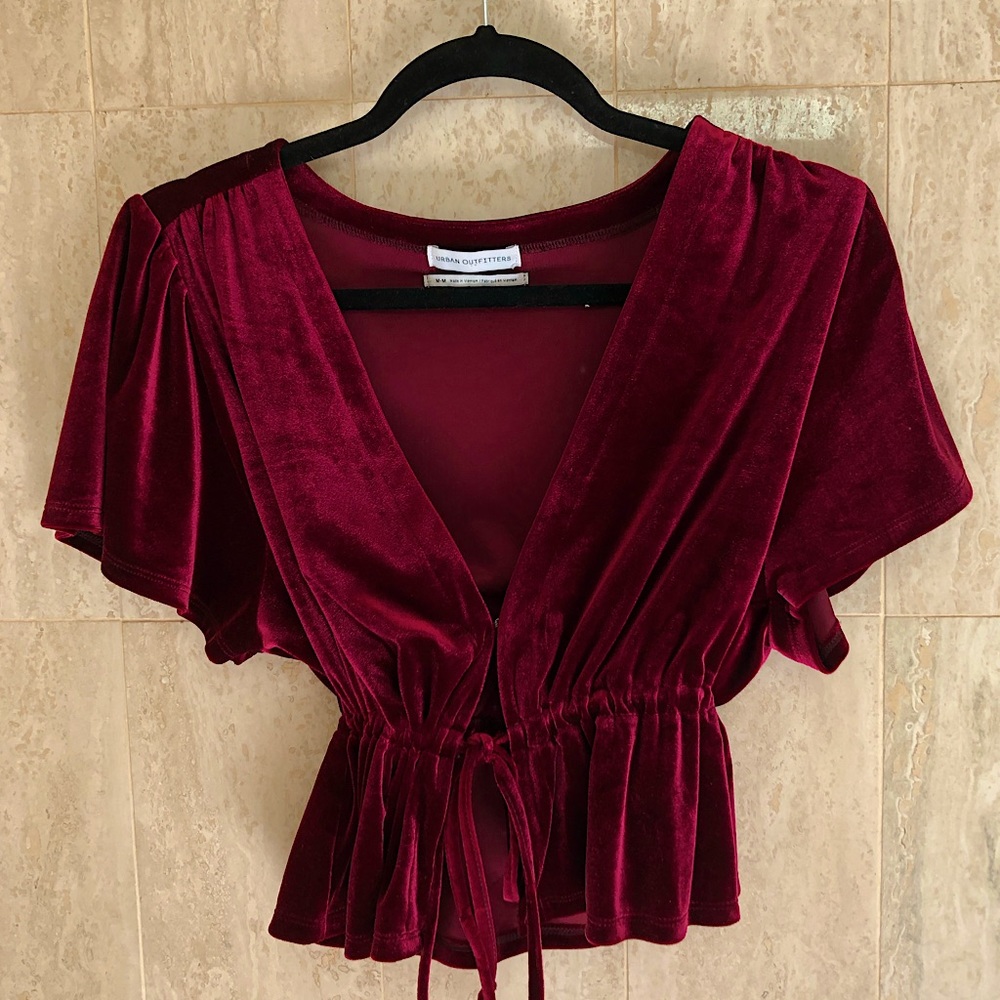 Urban Outfitters Velvet Flutter Sleeve Deep-V Top (Medium)